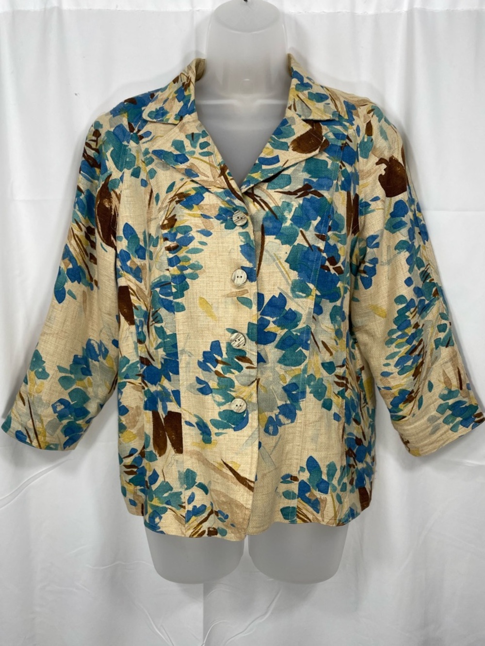 Coldwater Creek Blue and Cream linen Blend Floral Button-Down Jacket.